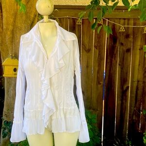 Pleated crisp white shirt with ruffle and lace